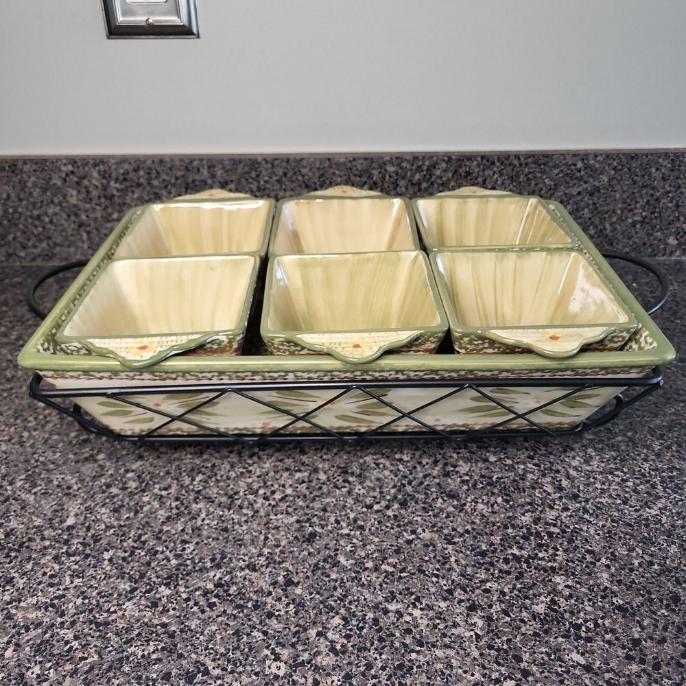 Temp-tations By Tara Old World Green Bakeware Set 3.5 QT Baker, Rack, 6 Ramekins